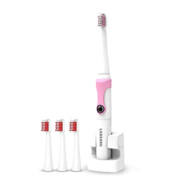 Lansuang Electronic Toothbrush Sensitive And Charger For Deep Clean With 3 Replacement Heads (Pink)