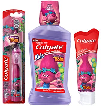 Colgate Trolls Poppy Kids Toothbrush & Mouthwash Bundle: 3 Items - Powered Toothbrush, Mild...