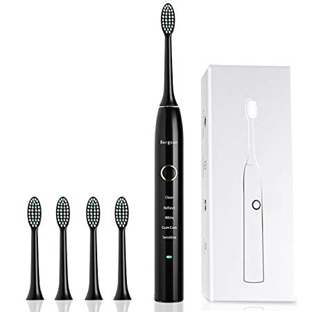Sonic Electric Toothbrush Pro-Health Precision Clean as Dentist Rechargeable Waterproof with 5 Brushing Modes 4 Replacement Heads for Superior Plaque Removal and Healthy White Gums Bergson (Black)