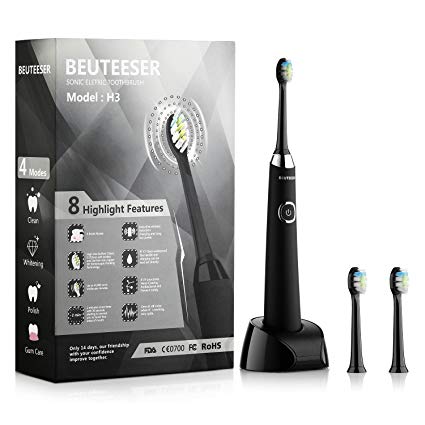Electric Toothbrush, BEUTEESER H3 Rechargeable Sonic Electric Toothbrush with Induction Wireless Charging Base and 4 Clean Modes and 2 Replacement Heads IPX7 Waterproof