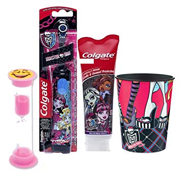 Monster High Inspired Bright Smile 4pc Oral Hygiene Set! Monster High Turbo Powered Spin Toothbrush,...
